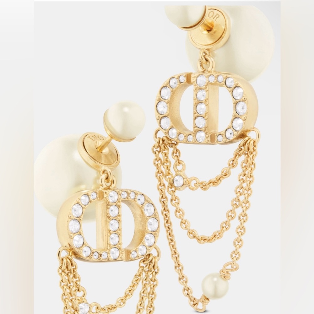 DIOR TRIBALES Earrings Gold-Finish Metal White Resin Pearls Silver-Tone Crystals - Picture 4 of 14